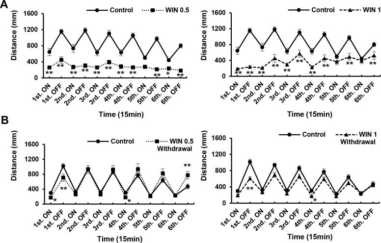 Responses to different concentrations of WIN55,212–2 (WIN) during drug exposure and after a 24-h withdrawal.WIN (0.5 and 1 μg/mL) induced significant reductions in the response to both light and dark stimuli (A). After 24 h in the absence of the drug, at 0.5 μg/mL, there was low activity in the first interval of both light and dark, and in the fourth interval of light. However, increases in responses were observed during the sixth dark interval (B). At a WIN concentration of 1 μg/mL, there was a significant attenuation of responses in the first and fourth light and dark intervals (B). *P < 0.05, **P < 0.01 vs. control, #P < 0.05, ##P < 0.01 vs. drug treatment. t-test. All values are expressed as mean ± SEM. Each experiment; n = 96.
