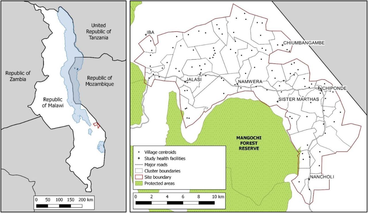 Location of study site within Malawi (left panel) and demarcated study clusters (right panel).
