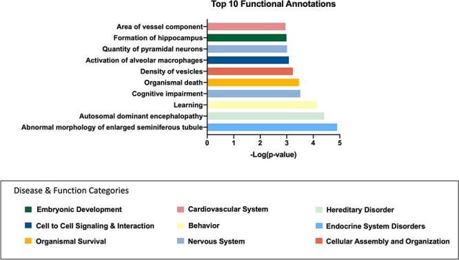 top IPA disease and function annotations for cannabis users compared to controls after abstinence. Graph of the top 10 most significant disease or function annotations associated with genes differentially methylated between cannabis users and controls after abstinence. y-Axis represents the annotation, x-axis is the−log of the P-value. The colors correspond to the category for which this disease or function was annotated to (represented by the color legend at the bottom of the figure)
