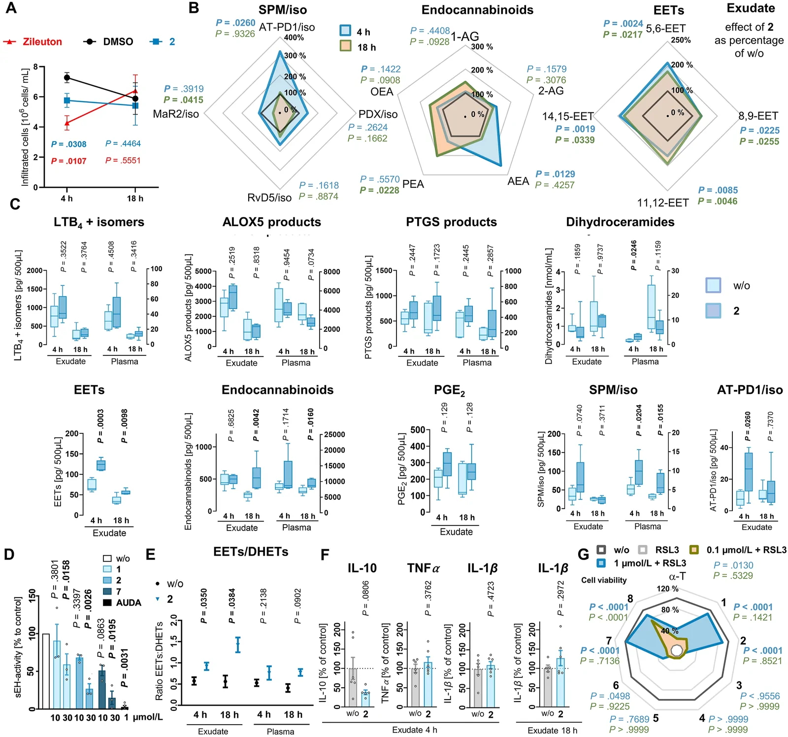 LCMs favorably manipulate PD/iso, epoxyeicosatrienoic acid (EET), endocannabinoid and sphingolipid metabolism in experimental peritonitis and protect hepatocytes from ferroptosis. (A–C, E, F) Mice received vehicle (2% DMSO, ‘w/o’), 2 (10 mg/kg, i.p.), or zileuton (10 mg/kg, i.p.) 30 min prior to zymosan injection and were killed after 4 h or 18 h. (A) Immune cell infiltration into the peritoneal cavity. (B, C) Levels of lipid mediator subgroups and individual species in the exudate and plasma. (D) Human recombinant EPHX2 activity after pretreatment with vehicle (DMSO, 2%), LCMs (10 or 30 μmol/L), or AUDA (1 μmol/L) for 15 min. (E) Ratio of EET to DHET in exudate and plasma as an indicator for epoxidase activity. (F) Levels of cytokines in the exudate. (G) Human HepaRG hepatocytes (1 × 104 cells/well) were seeded in a 96-well plate and, after 24 h, treated with either the vehicle control (0.5% DMSO), the ferroptosis inducer RSL3 (0.3 μmol/L), or a combination of RSL3 with α-tocopherol or LCMs. Cell viability was assessed after 48 h by measuring the conversion of 3-(4,5-dimethylthiazol-2-yl)-2,5-diphenyltetrazolium bromide (MTT) by cellular dehydrogenases. Mean (B, G), mean ± SEM (A, E) and single data (D, F), or mean with boxes showing the 25th to 75th percentiles and whiskers indicating smallest and largest values (C) from n = 4–6 mice per group (A–C, F, G) or n = 3 independent experiments (D, G). P values vs. vehicle control (A–F) or the RSL3-treated control (G); two-tailed paired (A, D) or unpaired (B, C, E, F) Student t test (B, C, E) of log data (A, D, F) or repeated measures one-way ANOVAs with Dunnett’s post hoc tests of log data (G). Data for vehicle are identical to Waltl et al160.