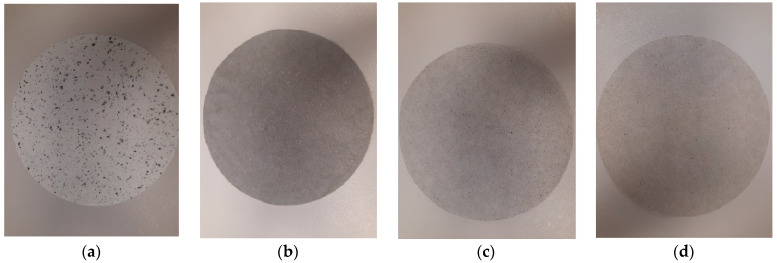 Biocomposites: (a) BSK pulp/mycelium (10%), BSK pulp refined separately (No. 1); (b) BSK pulp/pellets (40%) refined together (No. 9); (c) BSK pulp/mycelium (20%)/cotton fibres (10%) refined together (No. 10); (d) BSK pulp/mycelium (20%)/hemp fibres (10%) refined together (No. 13).