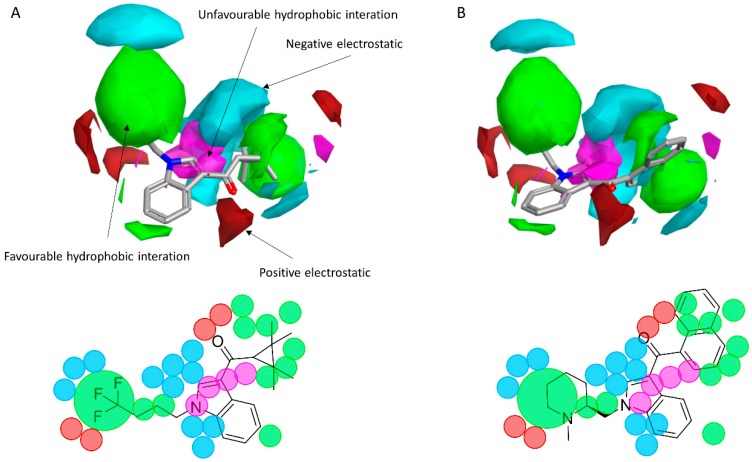 (A) The CB2 model map is superimposed to XLR-12. (B) The CB2 model map is superimposed to AM-1220. Molecular insight of SAR mechanism models, revealing the different lead optimization sites of active compounds. Red color shows positive field region controlling the activity, and blue color the negative ones. Green color shows favorable shape/hydrophobic regions, and purple color the unfavorable ones.