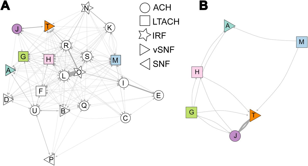 Patient transfer networks for facilities with sequenced C. auris.Network analysis of direct patient transfers (connections) for facilities (nodes) from (A) all sequenced isolates and (B) facilities included in large clusters corresponding to Fig. 3f-j. Facilities included in large clusters are colored according to Fig. 3. Connecting lines are weighted by the number of transfers, with the finest lines indicating fewer than 10 transfers. Vertex shape indicates facility type: ACH: acute care hospital; LTACH: long-term acute care hospital; IRF: inpatient rehabilitation facility; vSNF: ventilator-capable skilled nursing facility; SNF: skilled nursing facility.