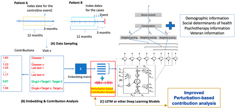 Our study workflow using T-DeepBiomarker. The workflow is organized into three main steps. (A) Data sampling from electronic medical records (EMRs): Patients meeting the inclusion criteria within the specified timeframe are identified. For example, Patient A, who experiences no adverse events, is classified as a control, while Patient B, who experiences at least one adverse event, is categorized as a case. Multimodal data—including diagnoses, medication use, social determinants of health (e.g., veteran status and psychotherapy), and lab test results or drug target information—are extracted from their structured EMRs to serve as input for the model. (B) Data embedding: The extracted multimodal data are transformed into continuous vectors to create an embedding matrix that captures the relationships between features. (C) Prediction using neural networks: Advanced neural network architectures, such as Time-Aware Long Short-Term Memory (TLSTM), a type of LSTM and the Reverse Time Attention Model (RETAIN), are employed as the core prediction components. The model generates a comprehensive set of biomarkers and employs a perturbation-based contribution analysis to determine the relative contribution (RC) of each feature. Biomarkers with RC values greater than 1 are considered indicators of high risk, whereas those with RC values less than 1 are classified as low risk indicators.