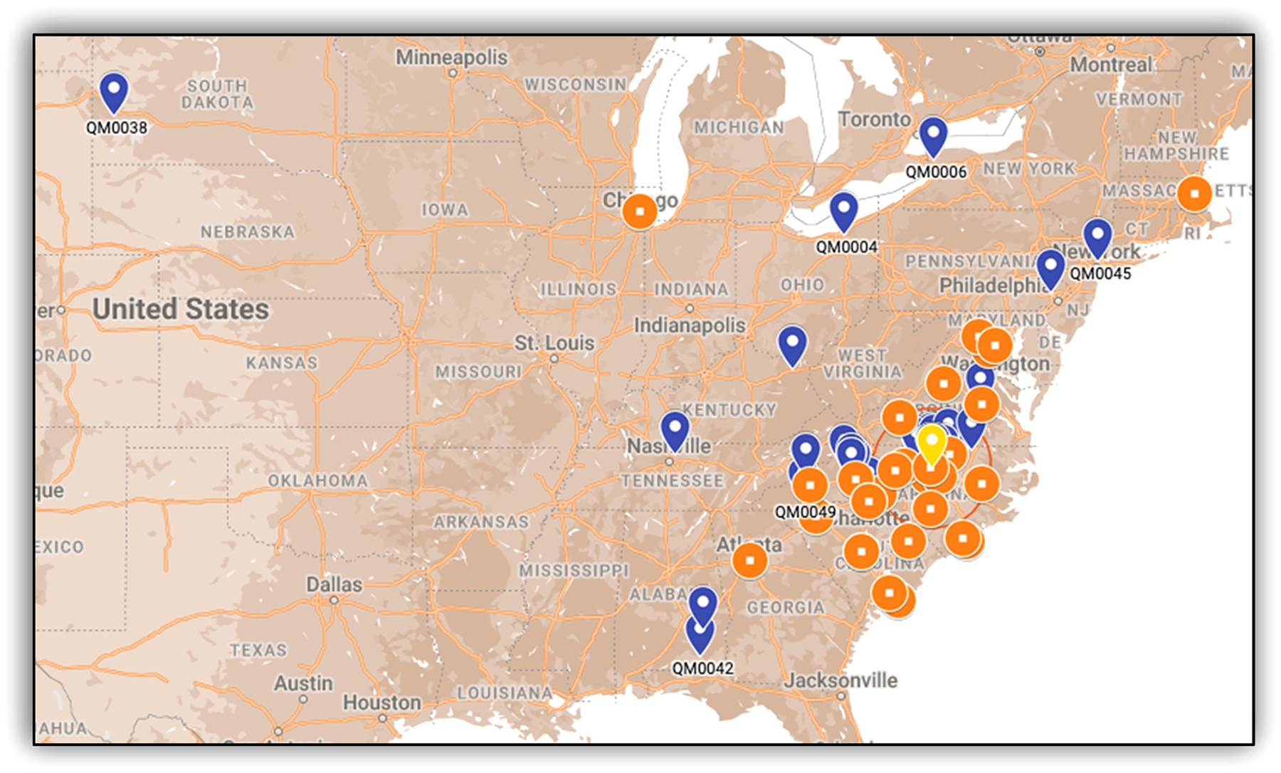 Geographical distribution of county of residence for participants with HIV and HIV clinics in the Quitting Matters Pilot Trial. Note. Blue (or dark) marks: study participants; Orange (or light) marks: HIV clinics; Yellow mark: clinical trial site.