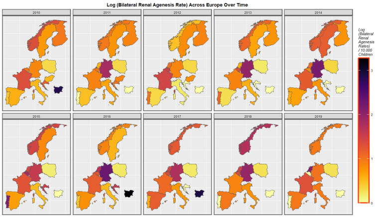 Time sequential map-graph of log (bilateral renal agenesis anomaly rate) across surveyed European nations over time.
