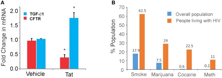 (A) HIV Tat induces expression of TGF-β1 mRNA with a concomitant decrease in CFTR mRNA levels. NHBE ALI cultures re-differentiated at the air liquid interface were treated with recombinant Clade B Tat (10 nM: *p < 0.05) apically and basolaterally. Total RNA was isolated and TGF-β1 and CFTR mRNA levels were quantitated by qRT-PCR. HIV Tat induces almost a 1.7-fold increase in TGF-β1 mRNA expression. This translates to a significant decrease in CFTR mRNA levels. Data are mean ± SE of three experiments from three different lungs. (B) Nationwide trends in Cigarette smoking and drug abuse in general population compared with people living with HIV. While the trend in addiction is similar between the two, the proportion of people living with HIV who smoke cigarettes or abuse street drugs is significantly than that observed in the general population. Cigarette smoking is the most prevalent addiction [62.5% smokers (Benard et al., 2007; Lifson et al., 2010; Lifson and Lando, 2012) compared to 17.8% nationwide], followed by Marijuana [29% (Woolridge et al., 2005) compared to 7.5% nationwide], Cocaine [22.5% (Hinkin et al., 2004) compared to 0.6% nationwide] and methamphetamine [11% (Mitchell et al., 2006) compared to 0.2% nationwide]. The data for substance abuse in the general population is obtained from http://www.drugabuse.gov/national-survey-drug-use-health.