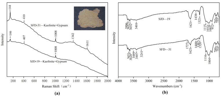 Micro-Raman spectroscopy (a) and FT-IR spectra (b) of white powder samples SFD-31 and SJD-19.