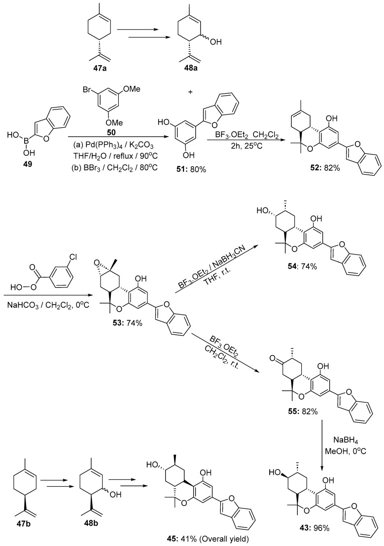 Pathway to synthesize (+) and (−)-machaeriol-D-(43/45) and epimachaeriol-D (54).
