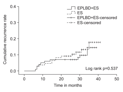 Kaplan-Meier plot for the cumulative recurrence rate of common bile duct stones in a total of 209 patients between the EPLBD+ES group and the ES group. No statistically significant difference was observed between the two groups (p=0.537, log-rank test). EPLBD+ES, endoscopic papillary large-balloon dilation combined with limited endoscopic sphincterotomy; ES, endoscopic sphincterotomy.
