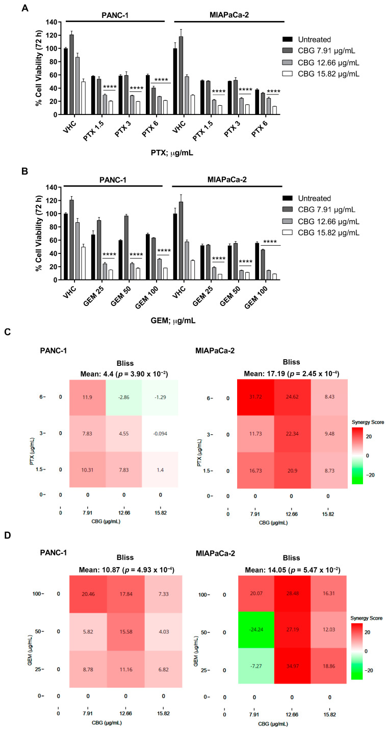 CBG increased the cytotoxic effect of chemotherapeutic drugs in PDAC cell lines. (A,B) Cell viability was determined in PDAC cell lines by MTT assay. Cells were treated for 72 h with CBG alone or in combination with different doses of GEM and PTX. Data shown are expressed as mean ± SD of three separate experiments. **** p < 0.0001 CBG combined with chemotherapeutic drug vs. chemotherapeutic drug alone. (C,D) Drug interaction of CBG with PTX and GEM in PDAC cell lines. Effect of single and combined treatments with CBG (7.91, 12.66, 15.82 µg/mL), PTX (1.5, 3, 6 µg/mL), and GEM (25, 50, 100 µg/mL) on cell viability of PDAC cell lines. Drug interaction was evaluated with SynergyFinder software using the Bliss model. Bliss synergy score larger than 10 is considered synergistic, a score from −10 to 10 is considered additive, and a score less than −10 is considered antagonistic.