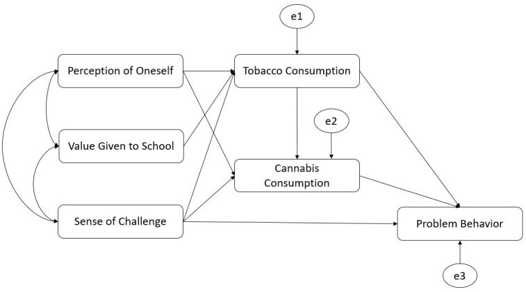 Structural equation model (SEM): aspects of school life, tobacco and cannabis consumption, and problem behavior.
