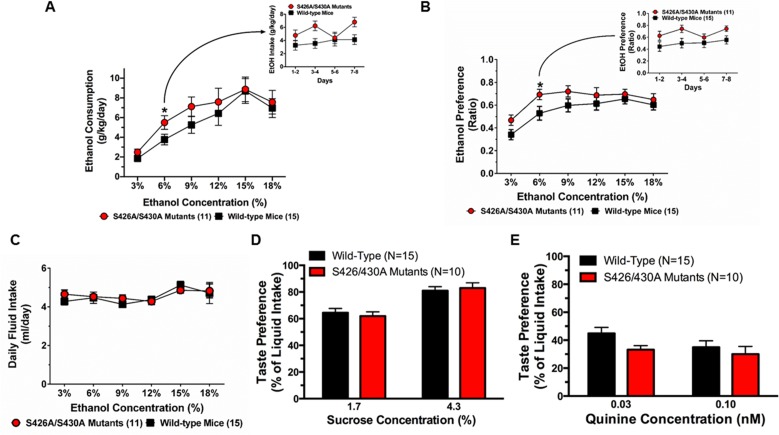 S426A/S430A mutants prefer and consume more ethanol.A. Consumption (g/kg) of a low (6%) concentration of ethanol was increased for S426A/S430A mutants (red circles and line) relative to wild-type littermates (black lines and squares). Mice were given 24 hour unlimited access to 3%, 6%, 9%, 12%, 15%, and 18% ethanol (v/v) using a two-bottle choice assay. B. S426A/S430A mutants also prefer 6% ethanol more than wild-type littermates. C. Total liquid intake (water plus ethanol) was identical for S426A/S430A mutants and wild-type mice. D. Consumption of 1.75% and 4.25% sucrose was equivalent for S426A/S430A mutants (red bars) and wild-type littermates (black bars). E. S426A/S430A mutants (red bars) and wild-type littermates (black bars) also consume similar amounts of 0.03 mM and 0.1 mM quinine solutions. Averages across the 8 days of intake are shown for each concentration; for both A and B, intakes (collected every 48 hours) are shown in the inset for 6% ethanol. Error bars represent the SEM and data analyses were performed using two-way repeated-measure ANOVA with Bonferroni post-hoc tests (*p<0.05). Sample sizes for each group are in parentheses.