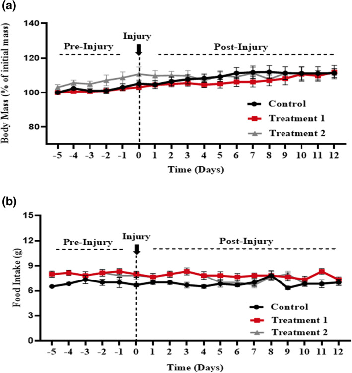 Effect of treatment on body mass and diet intake. Two‐way ANOVA showed a nonsignificant effect of treatments on body mass (p = .473) and diet intake (p = .550).