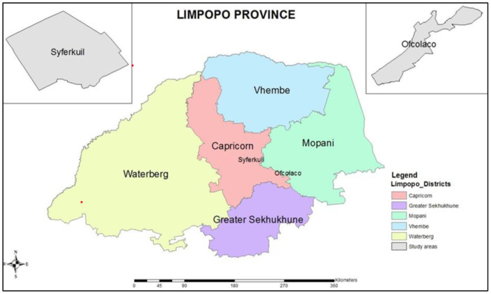 Map of Limpopo Province, South Africa, showing districts: Waterberg, Capricorn, Vhembe, Mopani, and Greater Sekhukhune, each in different colors. Insets highlight the areas of Syferkuil and Ofcolaco. A legend indicates district names and colors.