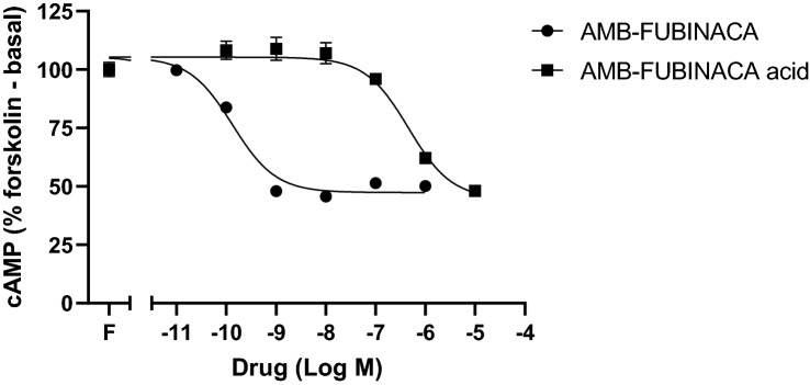 Concentration response-curves for AMB-FUBINACA and AMB-FUBINACA acid cAMP signalling at CB1 receptor. HEK cells stably expressing 3HA-hCB1 were incubated with AMB-FUBINACA (10 pM–1 µM) and AMB-FUBINACA acid (0.1–10 µM) in the presence of 5 µM forskolin. The BRET assay was conducted for 20 min in a plate reader with simultaneous BRET1 filters (475–30 and 535–30 nm). Data were then exported into GraphPad Prism software and kinetic data were transformed into concentration–response curves using area-under-the-curve analysis. Values are the mean ± SEM from a representative experiment performed in duplicate