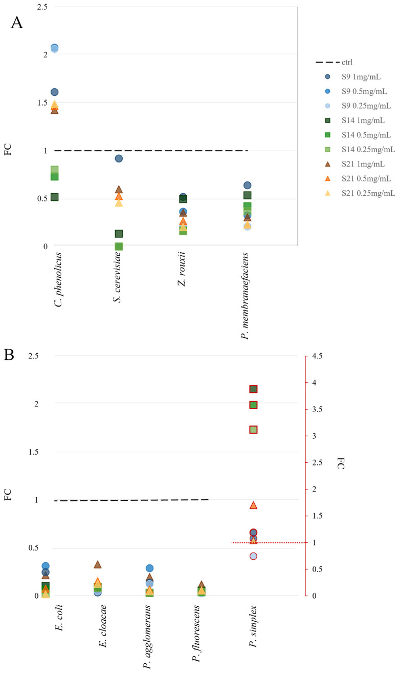 Comparison between single growth of strains in the presence of hemp extracts and in standard conditions, reported as growth percentage. Fold change (y-axis) correlates with the growth of the strain under standard conditions, represented by the dashed line. The shapes over this line represent conditions where growth in the extracts exceeded that in the standard medium. Shapes and colours refer to the extracts S9 (blue circle), S14 (green square), and S21 (brown triangle). The colour intensity refers to the concentration tested—the darker the shape, the higher the concentration. Growths were compared in pairs with the t-test analysis. All comparisons showed a statistical significance of p < 0.05. (A) Growth of fungal strains. (B) Growth of bacterial strains. For a correct visualization of the results, the growth of Peribacillus simplex (red outlined shape) is reported in the right secondary axis (red), due to the constant difference detected in growth values compared to the other strains.