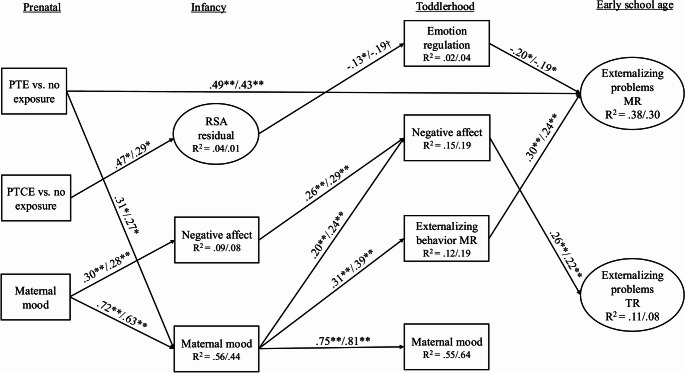Multigroup structural model with standardized estimatesNote. *p <.05, **p <.01, †p =.07. PTE = Prenatal tobacco exposure. PTCE = Prenatal tobacco, cannabis co-exposure, MR = Maternal report, TR = Teacher report, RSA = Respiratory Sinus Arrhythmia. Female standardized coefficients are presented first. Covariances between variables within time point and non-significant paths are included in the model but are not show for ease of interpretation. A multigroup model was used to allow for partial measurement noninvariance of the measurement model across child sex. All paths are constrained to be equal across child sex. Standardized estimates differ across child sex due to differences in the variances for the indicators in each group.