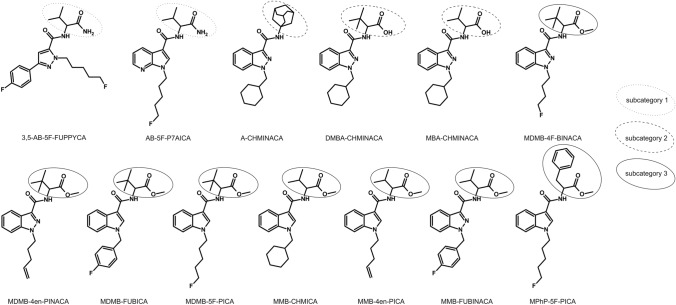 Chemical structures of the 13 tested synthetic cannabinoids including subcategory classification