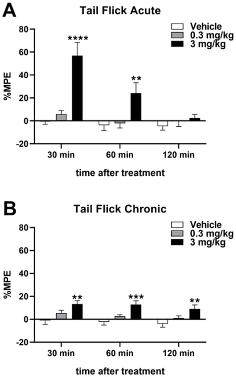 Antinociceptive effects after acute (A) or chronic (B) treatment with the THC/HPβCD complex. Rats were administered either vehicle (22% w/v HPβCD) or formulations containing 0.3 mg/kg or 3 mg/kg of THC complexed with HPβCD via oral administration. The tail flick response was measured at 30, 60, and 120 minutes post-treatment. The results, expressed as %MPE means ± SEM of 9–10 rats/group, were statistically analysed using a two-way ANOVA followed by Tukey’s or Bonferroni’s post hoc comparisons. **: p < 0.01; ***: p < 0.001; ****: p < 0.0001 compared to the vehicle-treated rats. %MPE = (percentage of maximum possible effect, calculated as ([experimental latency – mean baseline latency]/[cut-off latency – mean baseline latency]) × 100).