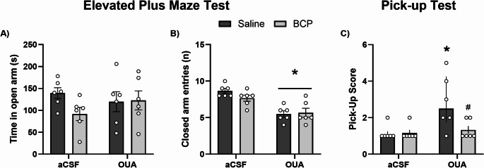 Behavioral parameters evaluated in the elevated plus maze (EPM) and pick-up test. A Time spent in the open arms of the EPM, B number of closed arm entries, and C pick-up score reflecting reactivity-related behavior. Data are expressed as mean ± standard error of the mean (SEM) (A, B) and as median with interquartile range C; n = 6 animals per group. * above the line indicates main effect; *p < 0.05 vs. aCSF + Saline; #p < 0.05 vs. OUA + Saline (two-way ANOVA followed by Tuckey’s post hoc test)