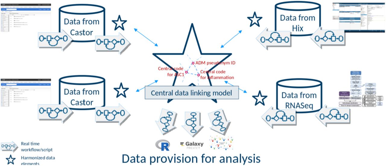 Illustration of the central concepts of the envisioned FAIR based architecture: the central star represents the data linking model for interoperability that the sources refer to (data and metadata), the small stars next to each source represent what is used of the central model to describe the source (thereby becoming ‘self-describing’), the arrows represent workflows or scripts: for the source systems to map or convert source data and metadata to the central data linking model, for retrieving data from across the sources through the central data linking model, and for analysis. FAIR Data Points provide access to the ‘ontologised’ metadata and data (not shown).