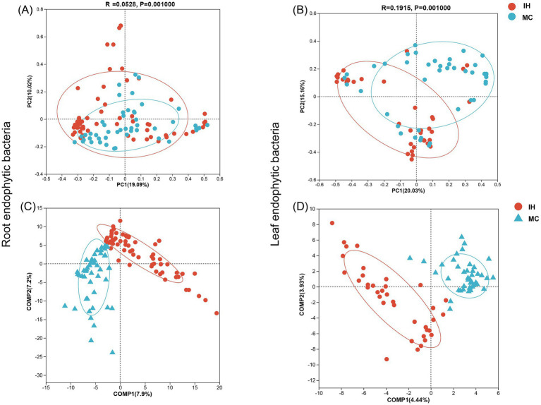 Endophytic bacterial community diversity of industrial hemp and medicinal Cannabis. (A,B) Principal component analysis (PCoA) of root and leaf endophytic bacterial communities. (C,D) Partial least squares discriminant analysis (PLS-DA) of root and leaf endophytic bacterial communities.