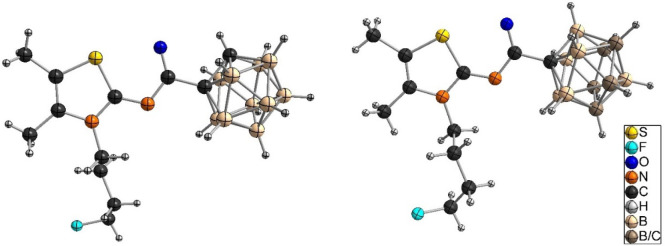 Molecular structures of 15 (left) and LUZ5 (right). For LUZ5, a disorder of the fluorobutyl substituent in two positions is observed (not shown). The carbon atom of the carborane cluster bearing the substituent could be identified, while the second carbon atom of the carborane unit was treated as homogeneously 5-fold disordered over the entire CB4 ring.
