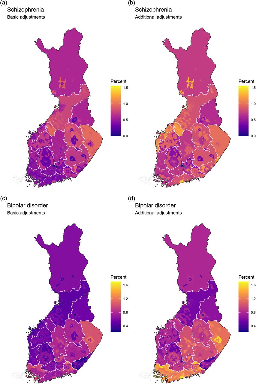 Average marginal effects of region of residence and urbanicity on the prevalence of schizophrenia and bipolar disorder(a) schizophrenia, basic adjustments, (b) schizophrenia, additional adjustments, (c) bipolar disorder, basic adjustments, and (d) bipolar disorder, additional adjustments. Predicted prevalence in each region-urbanicity subregion was calculated while holding the other predictors constant as observed. In the basic adjustment, prevalence ratios were adjusted for age, gender, and calendar time. In the additional adjustment, prevalence ratios were adjusted for age, gender, calendar time, origin, residence history, household income, economic activity, and Charlson comorbidity index.