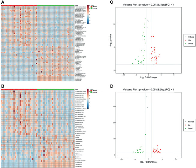Heat maps and volcano maps of metabolites. (A) Heat map of TB group vs. HC group; (B) volcano map of TB group vs. HC group (C) heat map of TB group vs. DC group; (D) volcano map of TB group vs. DC group.