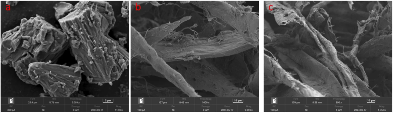 Scanning electron microscope images display three samples labeled a, b, and c. Image a shows large, angular crystalline particles with rough surfaces. Image b features fibrous, layered structures with visible strands and a rough texture. Image c displays more separated, elongated fibrous structures, showing significant unraveling and surface detail. All images include scale bars and acquisition parameters.