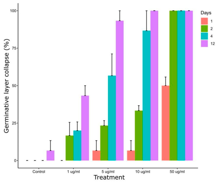 Collapse of the germinal layer of E. granulosus s.s. cysts after 1, 2, 4 and 12 days of in vitro exposure to different CBD concentrations.