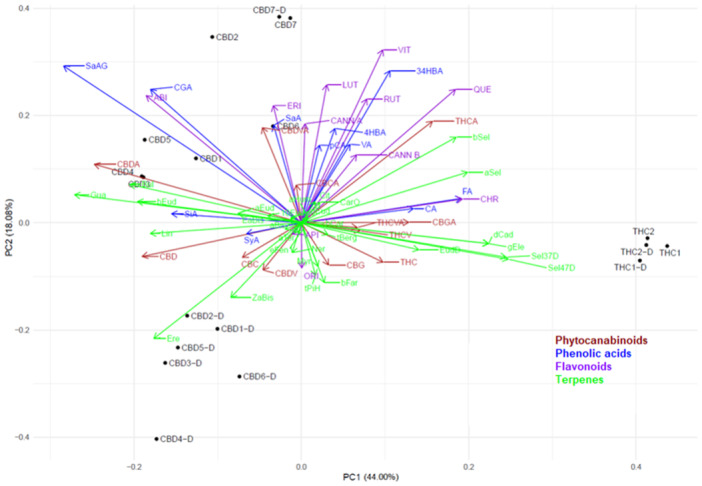 PCA biplot of the phytocannabinoid, phenolic, and terpene levels in investigated Cannabis extracts. The seven acidic extracts of Elleta Campana, Harlequin, Strawberry, Mandarin, Lemon Heaven, Lemon Master, and Fantasy Bud high‐CBD C. sativa genotypes were named CBD1, CBD2, CBD3, CBD4, CBD5, CBD6, and CBD7, respectively. The acidic extracts of Kosher Haze and Prima Holandica high‐THC C. sativa genotypes were named THC1 and THC2, respectively. Decarboxylated extracts were prepared from decarboxylated inflorescences. They were labeled with the corresponding aforementioned extract names and suffix ‐D. Compounds: cannabidiolic acid (CBDA), Δ9‐tetrahydrocannabinolic acid (THCA), cannabidivarinic acid (CBDVA), tetrahydrocannabivarinic acid (THCVA), cannabigerolic acid (CBGA), cannabichromenic acid (CBCA), cannabidiol (CBD), Δ9‐tetrahydrocannabinol (THC), cannabigerol (CBG), cannabichromene (CBC), cannabidivarin (CBDV), tetrahydrocannabivarin (THCV), 3,4‐dihydroxybenzoic acid (34DHBA), salicylic acid glucoside (SaAG), chlorogenic acid (CGA), vanillic acid (VA), caffeic acid (CA), syringic acid (SyA), 4‐hydroxybenzoic acid (4HBA), p‐coumaric acid (pCA), salicylic acid (SaA), ferulic acid (FA), sinapic acid (SiA), orientin (ORI), vitexin (VIT), abietin (ABI), rutin (RUT), eriodyctiol (ERI), luteolin (LUT), apigenin (API), cannflavin B (CANN B), cannflavin A (CANN A), quercetin (QUE), chrysoeriol (CHR), myrcene (Myr), limonene (Lim), fenchone (FEN), linalool (Lin), endo‐fenchol (eFen), trans‐pinene hydrate tPiH), ipsdienol (Ips), borneol (Bor), α‐terpineol (aTer), hexyl butanoate (HBut), citronellol (Cit), hexyl hexanoate (HHex), β‐caryophyllene (bCar), γ‐elemene (gEle), α‐trans‐bergamotene (tBerg), α‐humulene (aHum), (E)‐β‐farnesene (bFar), γ‐muurolene (gMur), β‐selinene (bSel), α‐selinene (aSel), Z)‐α‐bisabolene (ZaBis), β‐curcumene (bCur), δ‐cadinene (dCad), β‐sesquiphellandrene (bSes), selina‐4(15),7(11)‐diene (Sel47D), eudesma‐5,7(11)‐diene (EudD), selina‐3,7(11)‐diene (Sel37D), (E)‐α‐bisabolene (EaBis), germacrene B (Ger), (E)‐nerolidol (Ner), caryophyllene oxide (CarO), guaiol (Gua), 5‐epi‐7‐epi‐α‐eudesmol (57Eud), 10‐epi‐γ‐eudesmol (10Eud), eremoligenol (Ere), γ‐eudesmol (gEud), amorph‐4‐en‐10α‐ol (Amo), β‐eudesmol (bEud), α‐eudesmol (aEud) 7‐epi‐α‐eudesmol (7aEud), bulnesol (Bul), α‐bisabolol (aBis), 5‐neo‐cedranol (nCed), (2E,6Z)‐farnesol (Farn).