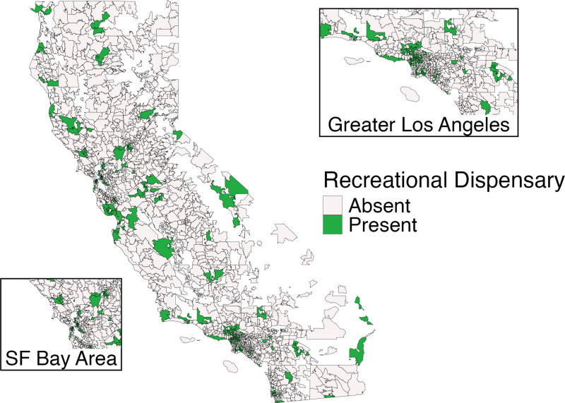 ZIP code census tabulation areas with one or more storefront recreational cannabis outlets, California, 2019.