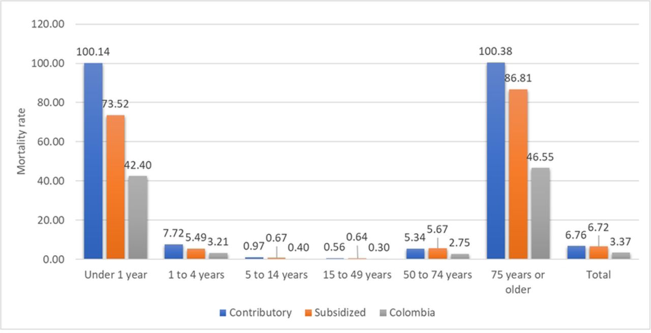 Mortality related to RSV infection.Mortality rates (per 100,000 insured individuals) associated with RSV infection among patients who sought healthcare services in Colombia (2019), stratified by age group.