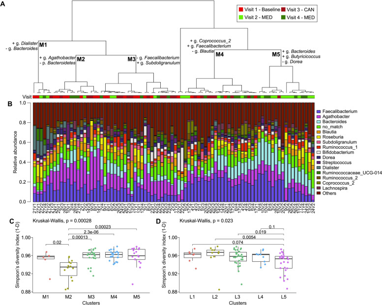 Clustering of microbiota taxonomical profiles. A Hierarchical clustering on multiple factor analysis of the microbiota profile of individuals at different visits. Variables contributing to the difference between the clusters are displayed on the dendrogram. Horizontal colored bar below the dendrogram represents the visit associated with sample. B Barplot showing the relative abundance of the 16 more abundant microbiota genera. Microbiota alpha diversity measured on all sequence variants by Simpson’s index (1-D) between C microbiota clusters and D bioactive lipid clusters
