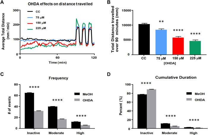 Validation of the larval zebrafish OHDA model. Panel (A) Behavioral profiles of total distance traveled (60 s bins) following OHDA exposure from 48 to 120 hpf. Panel (B) Total distance travelled during the first 90 min in the light following OHDA exposure from 48 to 120 hpf (n = 36). Advanced activity analytics (C,D) of Total Frequency of switching between activity states (C) and the nested Cumulative Duration in each activity state (D) (n = 48). CC vs. OHDA, ** = p < 0.01 **** = p < 0.0001.