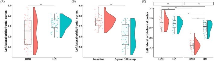 Simple effect analysis results for (A) group main effect; (B) time point main effect; (C) group‐by‐time point interaction effect of CT of left lateral orbitofrontal cortex. HCU, heavy cannabis use; HC, healthy control; BL, baseline; FU, 3‐year follow up. *, p < 0.05; ***, p < 0.001; ns, no significant.