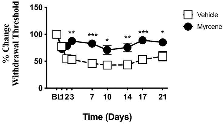 The effect of repeated myrcene treatment on chronic knee joint pain. Local administration of myrcene on days 1, 2, 3, 7, 10, 14 and 21 after monoarthritis induction reduced chronic joint pain across the time course. Pain behavior was tested before myrcene injection at each time point to negate acute responses to the drug. *** p < 0.001, ** p < 0.01, * p < 0.05 two-factor RMANOVA with Bonferroni’s post hoc test. Data are means ± S.E.M.