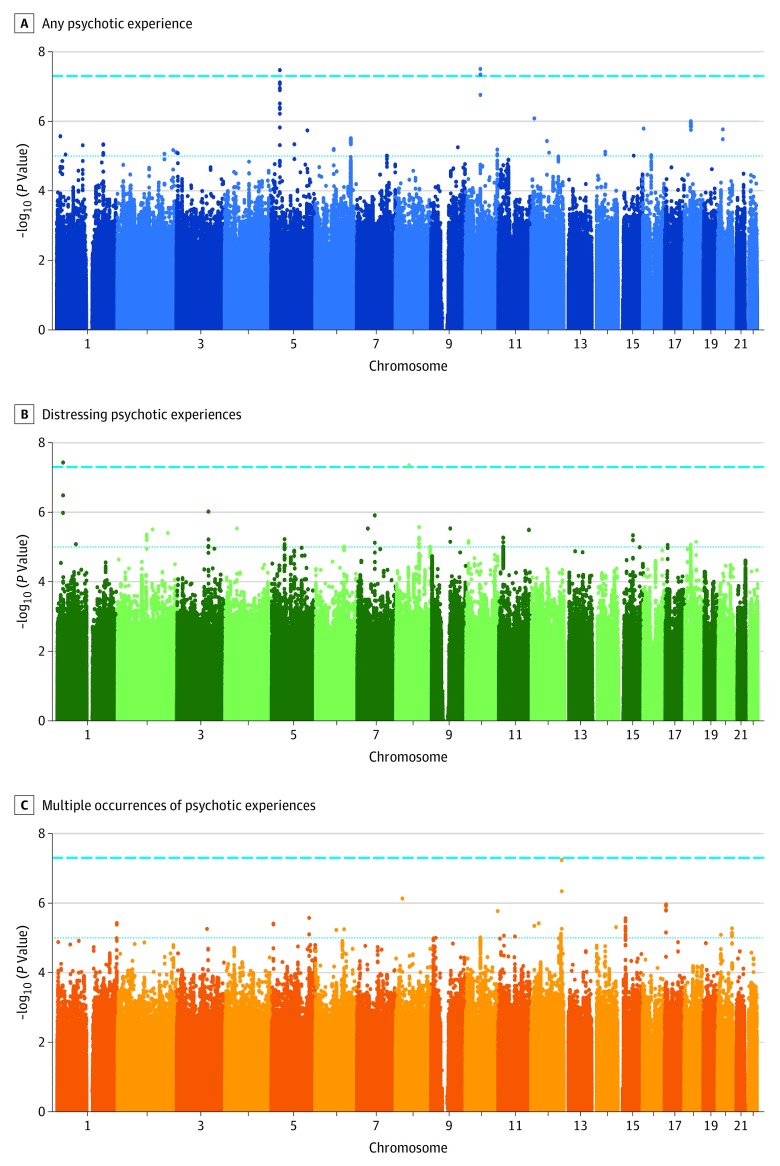 Manhattan Plot for Genome-Wide Association Study Analyses of Any Psychotic Experience, Distressing Psychotic Experiences, and Multiple Occurrences of Psychotic ExperiencesDashed lines represent the genome-wide significance level of P < 5 × 10−8, and dotted lines represent P < 1 × 10−5.