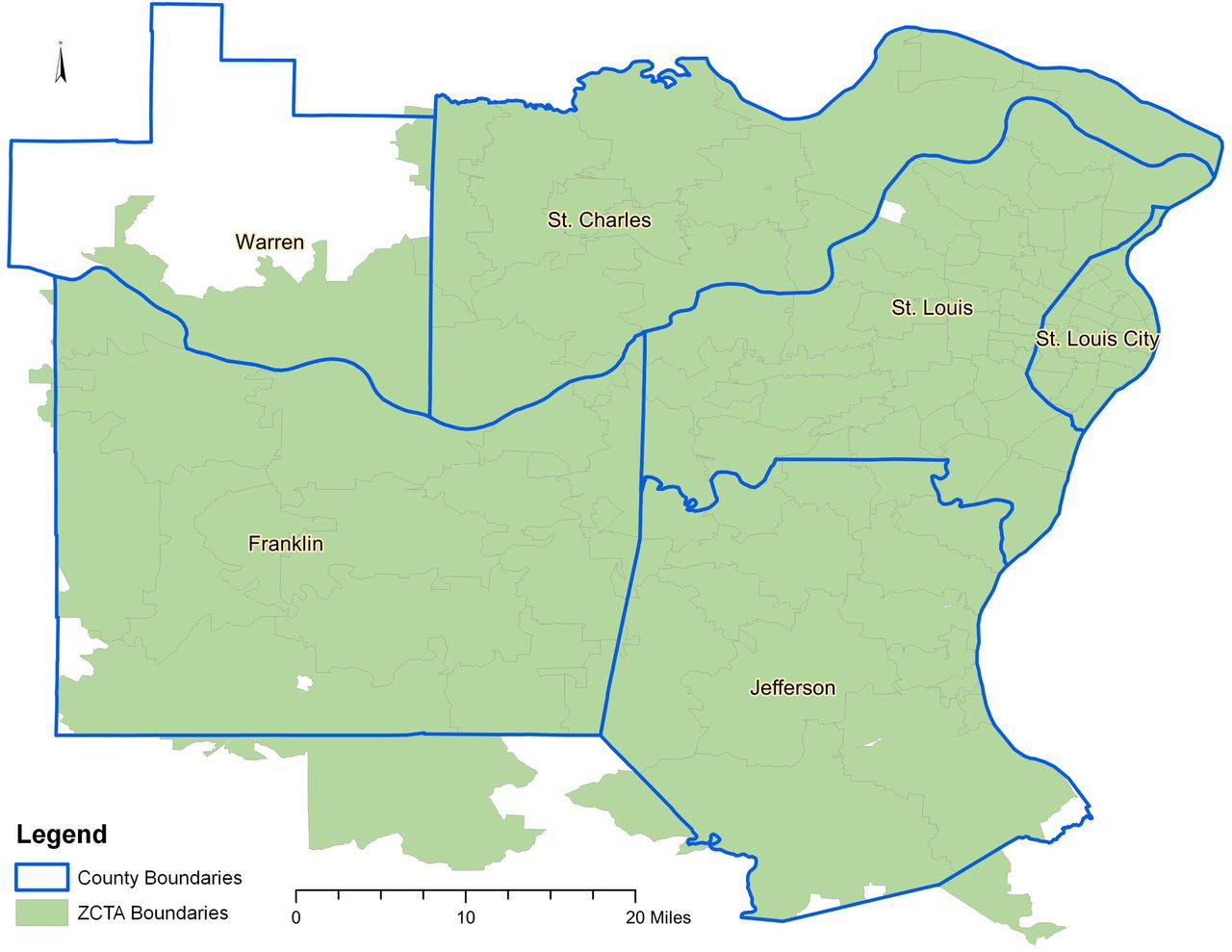 Map of study area showing geographic distribution of Zip Code Tabulation Areas and Counties