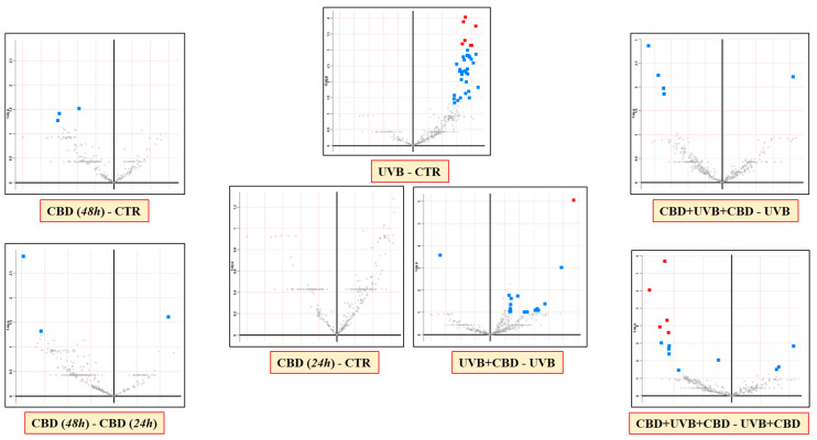 Volcano plots comparing the effects of cannabidiol (CBD) on membrane fractions proteins of keratinocytes from the following groups: CTR—control cells cultured with standard medium; CBD(48 h)—cells cultured in medium containing CBD (4 µM) for 48 h; CBD(24 h)—cells cultured in medium containing CBD (4 µM) for 24 h; UVB—cells irradiated with UVB (312 nm) at 60 mJ/cm2; CBD + UVB + CBD—cells cultured in medium containing CBD (4 µM) for 24 h before and after UVB irradiation; and UVB + CBD—cells cultured in medium containing CBD (4 µM) for 24 h after UVB irradiation. [significant features (in blue) had p < 0.05; significant features (in red) had FDR-adjusted p-value < 0.05].