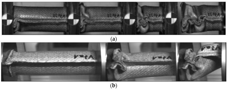 Failures mechanism for V7 in: (a) b and c series. (b) Quasi-static tests a series.