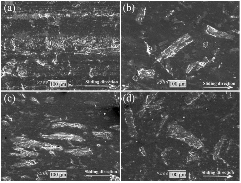 SEM photographs of the worn surface of polymer composite specimens after the sliding wear test against carbon steel S45C of various surface-treated HF/PA1010 biomass composites: (a) HF_NaClO2, (b) HF_NaClO2 + EP, (c) HF_NaClO2 + A-1160, and (d) HF_NaClO2 + A-1160 + EP (×200).