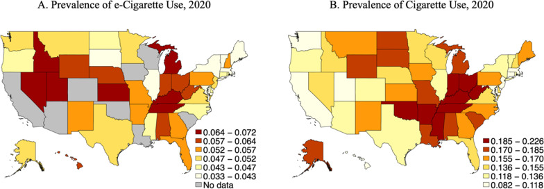 BRFSS prevalence data for e-cigarette and cigarette use, 2020