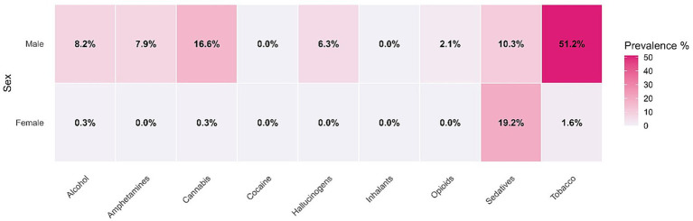 Heatmap compares substance use prevalence by sex and drug type, with higher rates in males for alcohol, amphetamines, cannabis, inhalants, opioids, and tobacco, and higher sedative use in females.