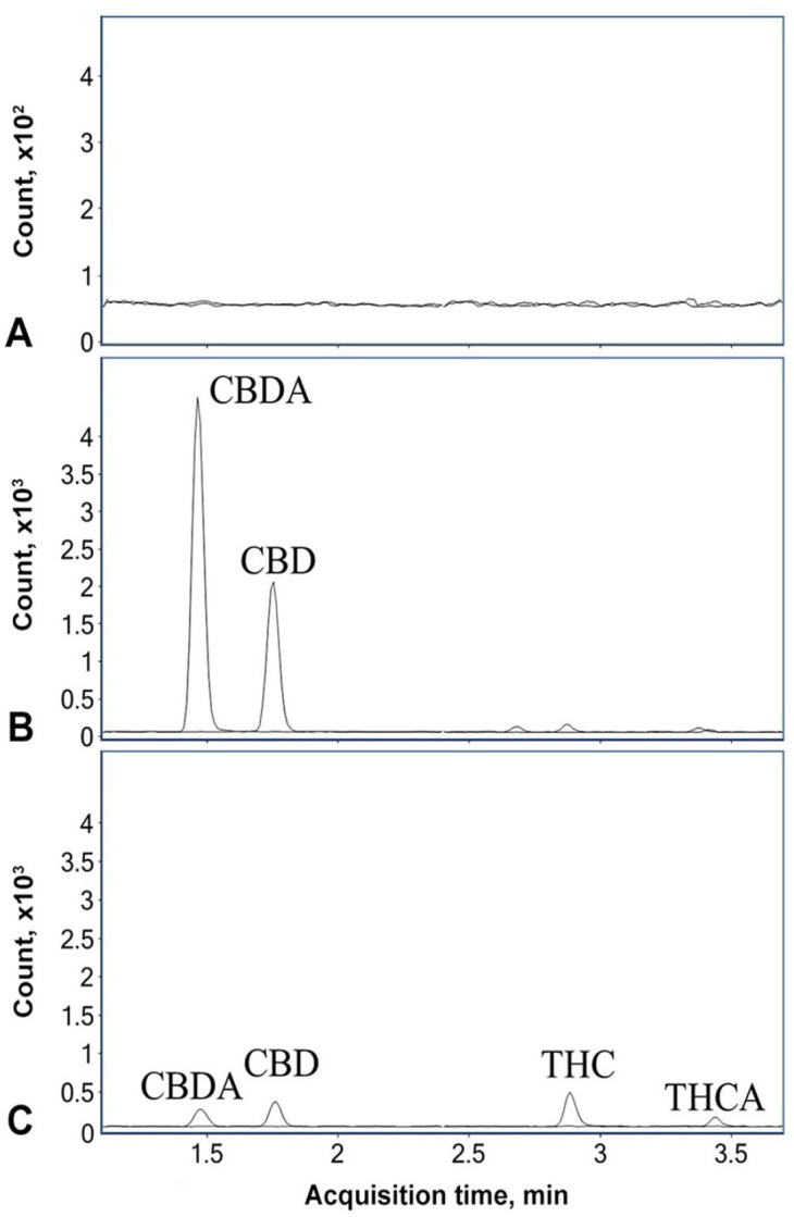 Liquid chromatography–tandem mass spectrometry chromatograms of various feed samples. A. Blank beef feed. B. Blank beef feed mixed with 10% (w/w) hempseed cake. C. Blank beef feed spiked with cannabinoid standards at the limit of quantification (0.1 µg/g).