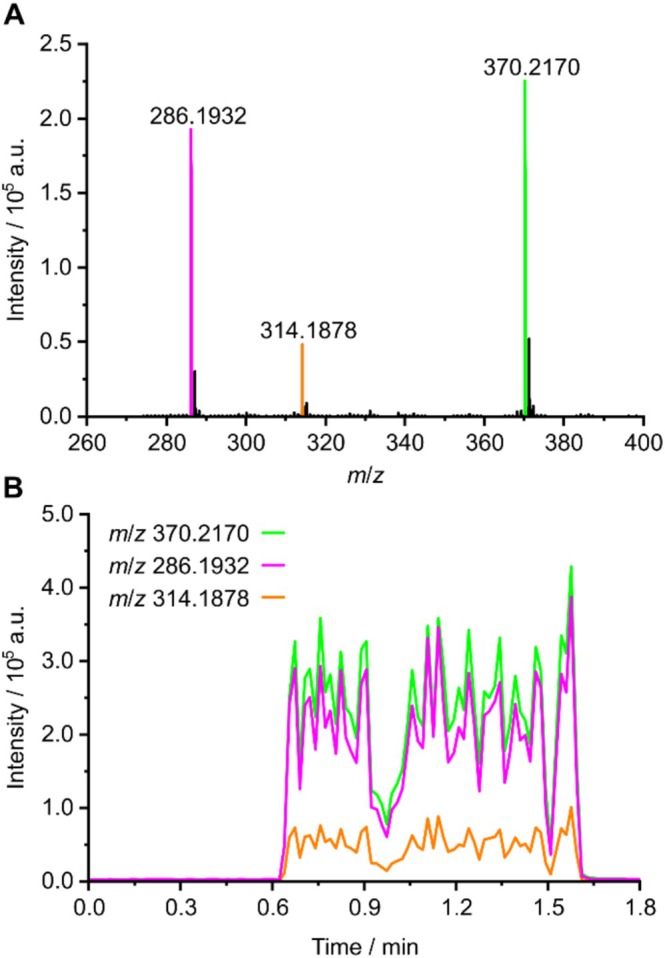 Average mass spectrum obtained by LA‐APCI‐MS (A) as well as EICs for the observed signals (B) for prison mail sample 18.