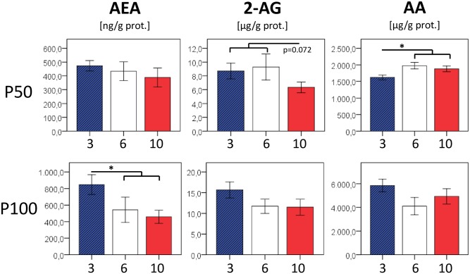 Concentrations of endocannabinoids anandamide (AEA) and 2-arachidonoyl glycerol (2 AG) as well as arachidonic acid (AA) in liver tissue.In addition to higher AEA (P100, p = 0.049) in formerly overfed animals and a trend towards lower 2-AG concentrations in formerly underfed animals (P50, p = 0.072), we observed a significantly reduced total amount of the eCB component arachidonic acid (AA) in the former overfed group (3 vs. 6/10 p = 0.023). n = 4–7 males per nutrition group.
