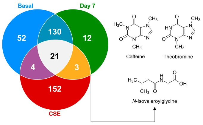 A Venn diagram illustrating the distribution of shared and unique metabolites at the basal time point, on day 7, and after cocoa shell extract (CSE) administration. The metabolites present on day 7 but absent at basal are depicted, highlighting their potential as bioactive compounds derived from CSE.